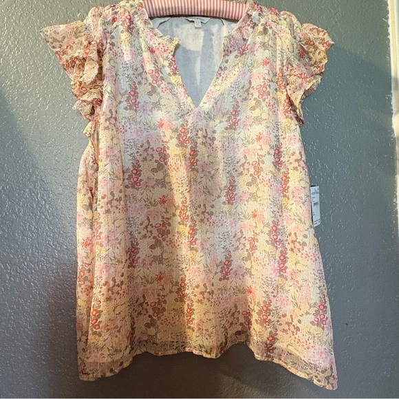 NWT Lucky Brand Floral V-Neck Short Sleeve Blouse Pink Cream Size Large - Picture 2 of 9